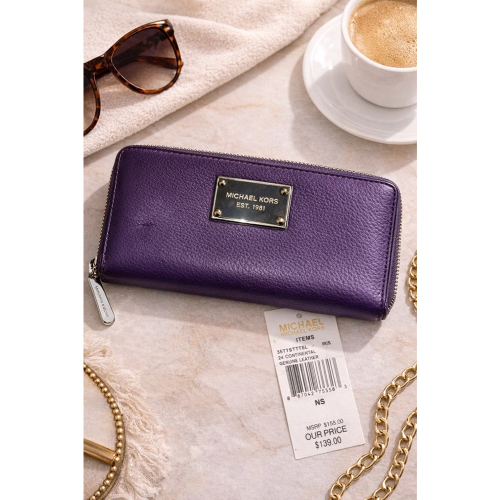 Michael Kors Iris Purple Continental Zip Wallet Leather NWT Silver Logo